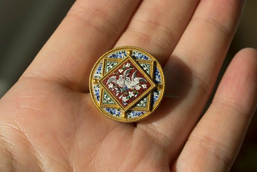 Victorian Micro Mosaic Birds and Flowers Pin
