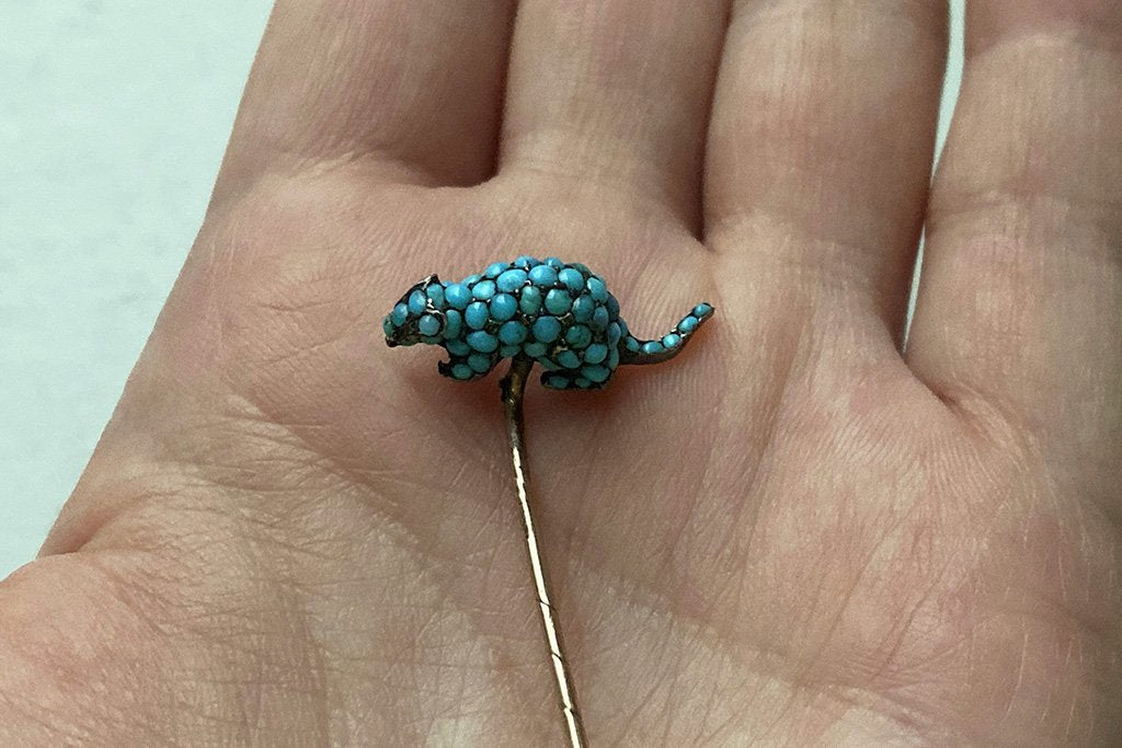 Late Victorian Pavé Turquoise Mouse Stick Pin