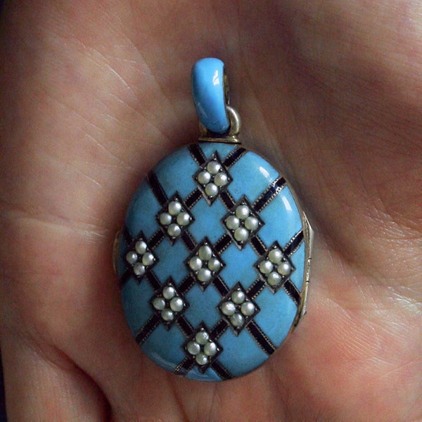 Blue Enamel and Seed Pearl Locket