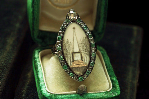 Georgian Memorial Ring with Emerald and Diamond