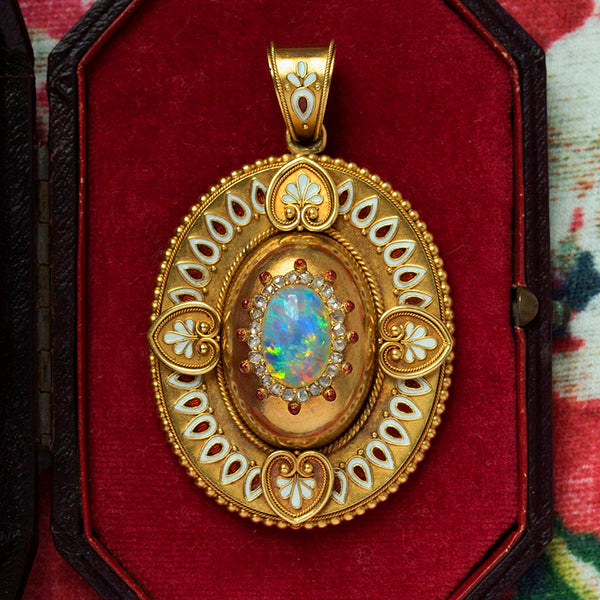 Victorian Gold Locket with Opal, Enamel & Diamond