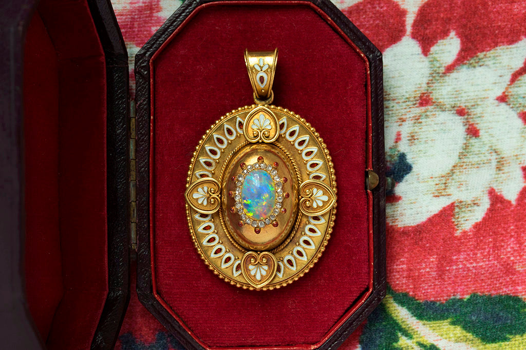 Victorian Gold Locket with Opal, Enamel & Diamond
