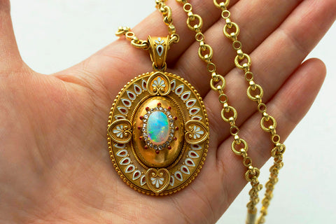 Victorian Gold Locket with Opal, Enamel & Diamond