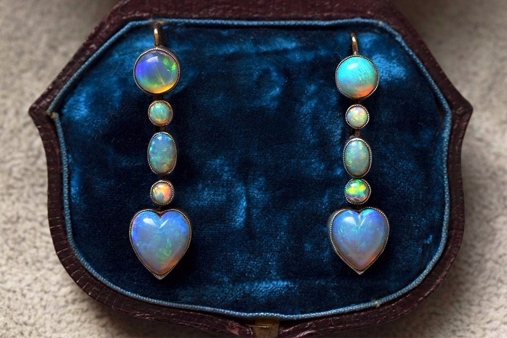 Edwardian Opal Heart Drop Earrings