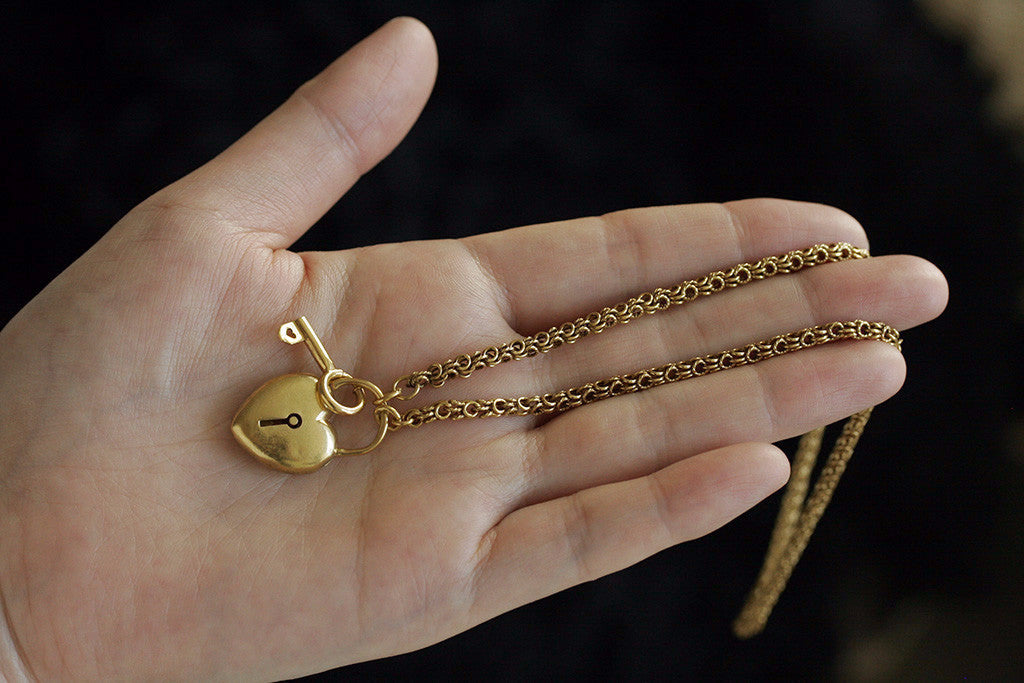 Heart Shaped Lock and Key Pendant Necklace in 14k Gold