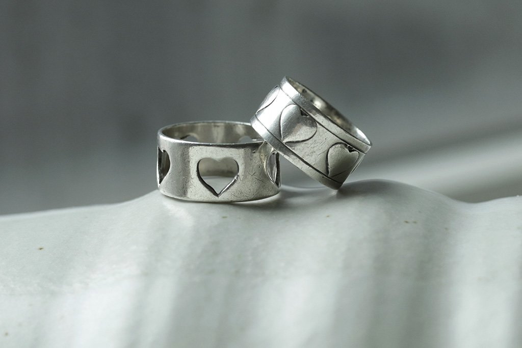 Pair of Vintage Swedish Sterling Silver Heart Rings