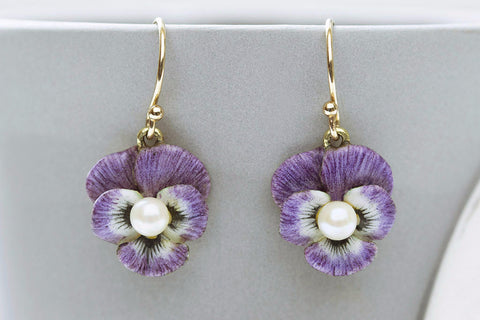 Art Nouveau Purple Enamel Pansy Earrings