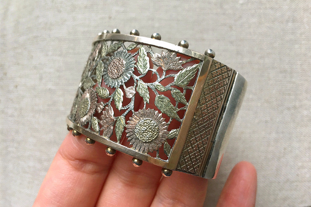 Victorian Aesthetic Movement Pierced Flower Silver Bangle