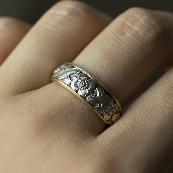 Platinum and Gold Band with Floral Details