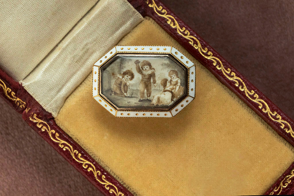Georgian White Enamel Sepia 'Children' Miniature Pin