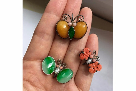 Double Carved Coral Wing Butterfly Brooch