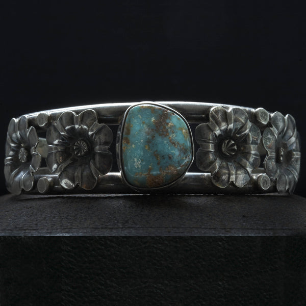 Navajo Turquoise Bangle With Floral Motif
