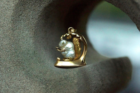 Art Nouveau Gold and Pearl Squirrel Wax Seal Pendant