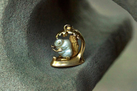 Art Nouveau Gold and Pearl Squirrel Wax Seal Pendant
