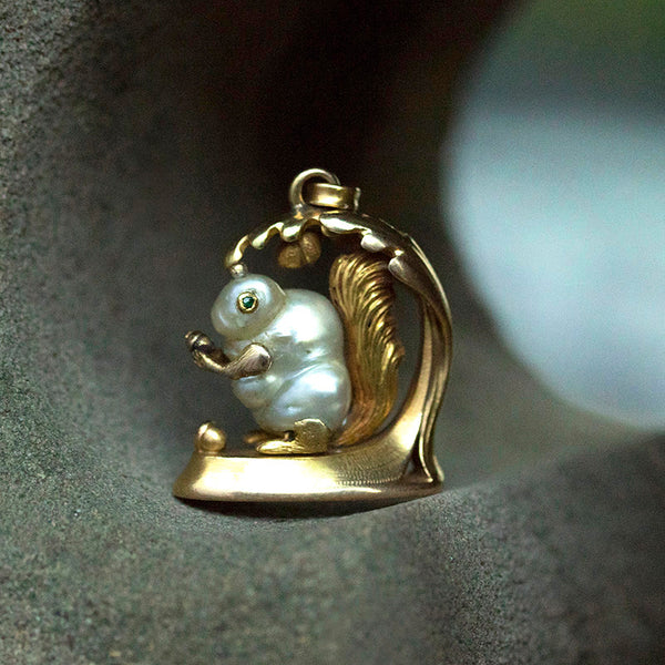 Art Nouveau Gold and Pearl Squirrel Wax Seal Pendant