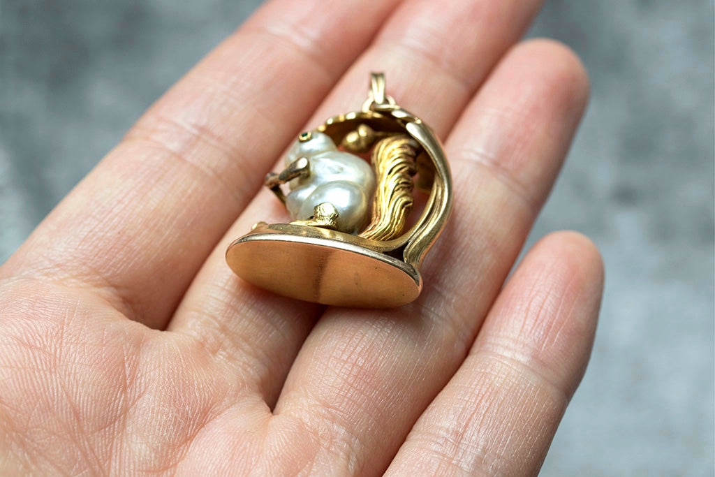 Art Nouveau Gold and Pearl Squirrel Wax Seal Pendant