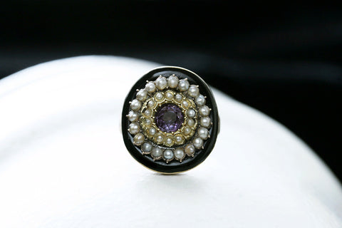 Georgian Black Enamel, Pearl and Amethyst Target Ring