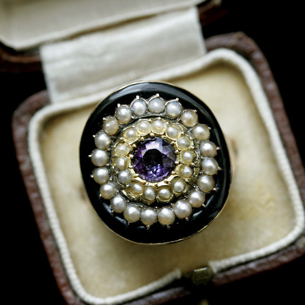 Georgian Black Enamel, Pearl and Amethyst Target Ring