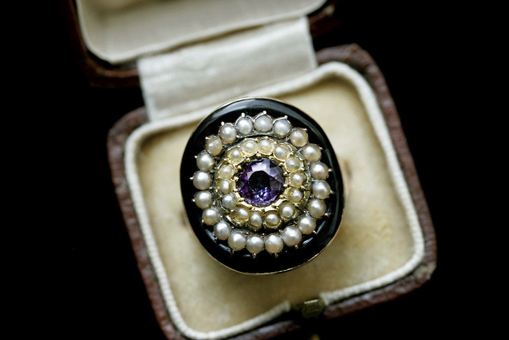 Georgian Black Enamel, Pearl and Amethyst Target Ring