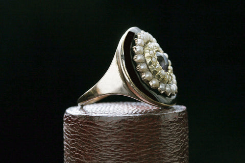 Georgian Black Enamel, Pearl and Amethyst Target Ring
