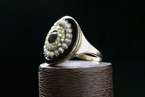 Georgian Black Enamel, Pearl and Amethyst Target Ring