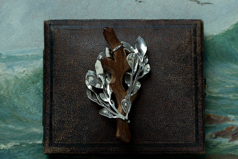Vintage Naturalist Wood and Silver Tree Brooch