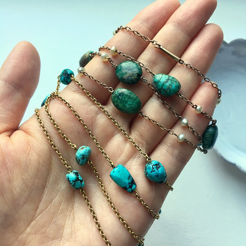 Edwardian Turquoise Pearl Nugget Necklace