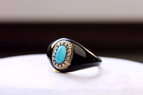 Black Enamel, Turquoise and Diamond Ring