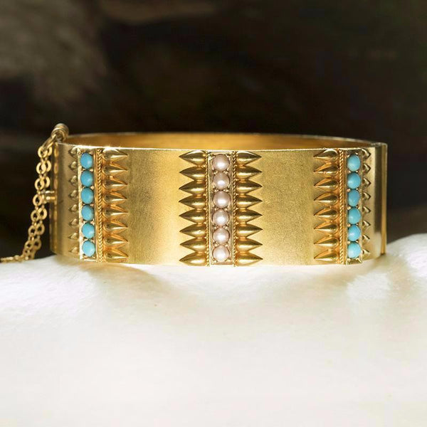 Victorian Etruscan Revival Turquoise and Pearl Bangle