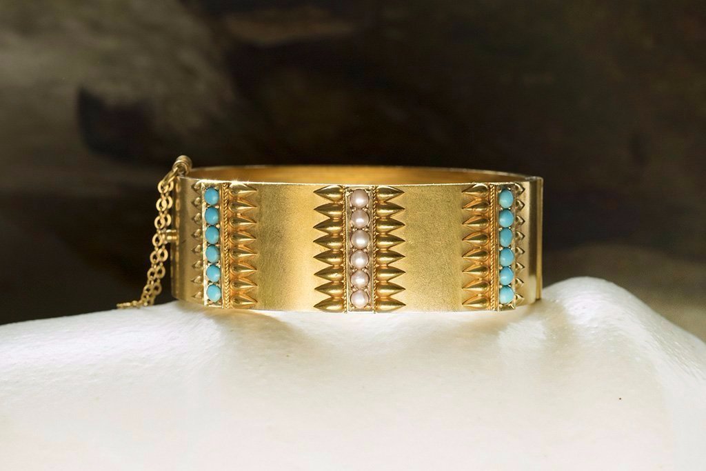 Victorian Etruscan Revival Turquoise and Pearl Bangle