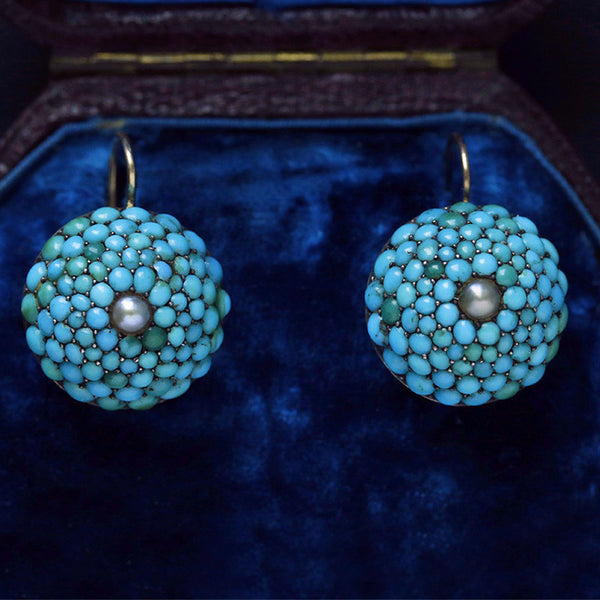 Victorian Pavé Turquoise and Pearl Dome Earrings
