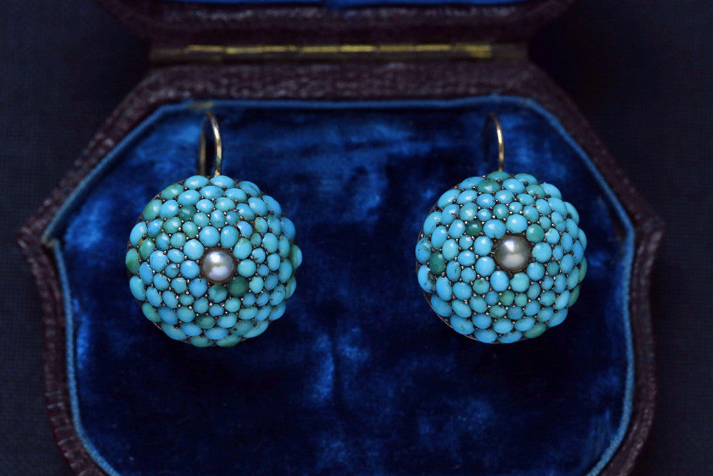 Victorian Pavé Turquoise and Pearl Dome Earrings