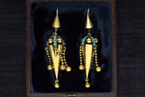 Victorian Turquoise and Tassel Earrings in Fitted Box