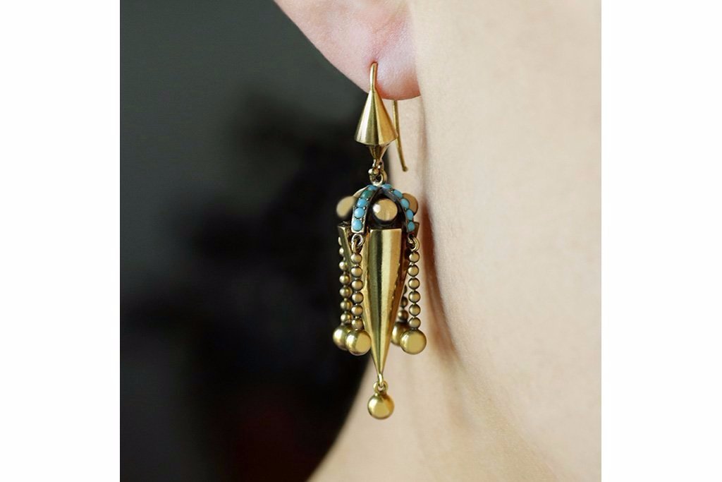 Victorian Turquoise and Tassel Earrings in Fitted Box