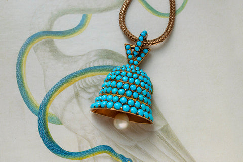 Victorian Pavé Turquoise and Pearl Bell Pendant