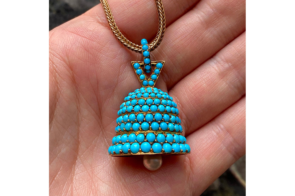 Victorian Pavé Turquoise and Pearl Bell Pendant