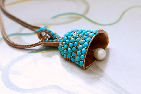 Victorian Pavé Turquoise and Pearl Bell Pendant