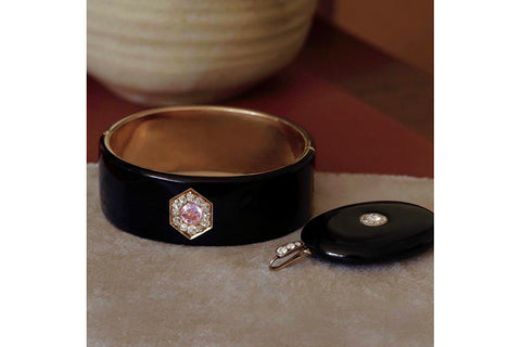 Mid-Victorian Black Enamel Diamond Locket and Black Enamel Bangle