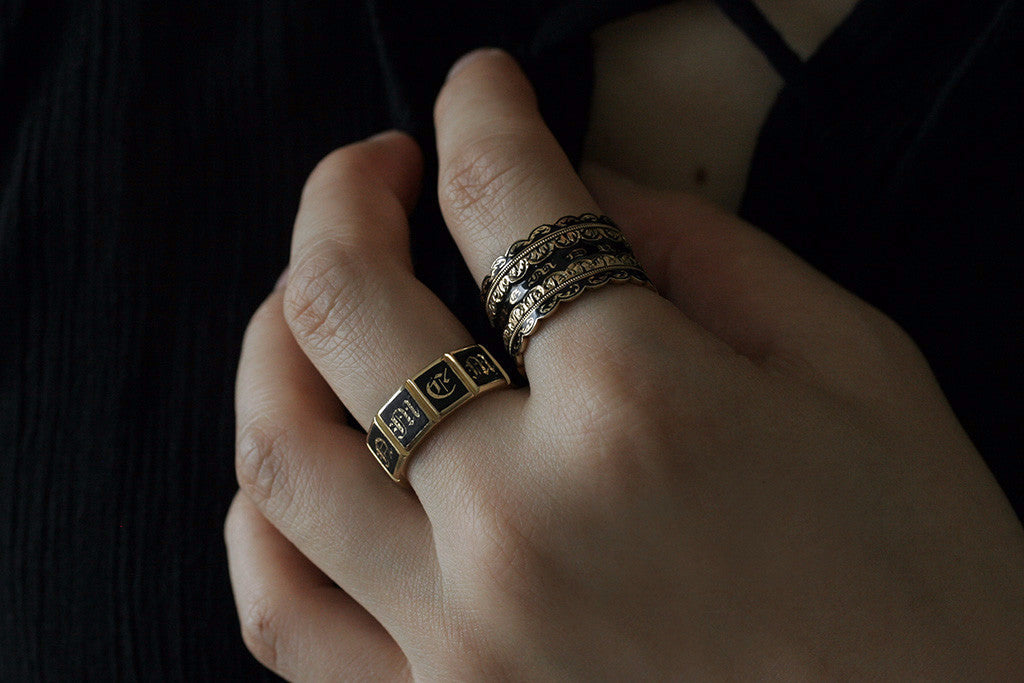 Black Enamel 'Lace' Wide Mourning Ring