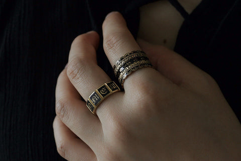 Black Enamel 'Lace' Wide Mourning Ring