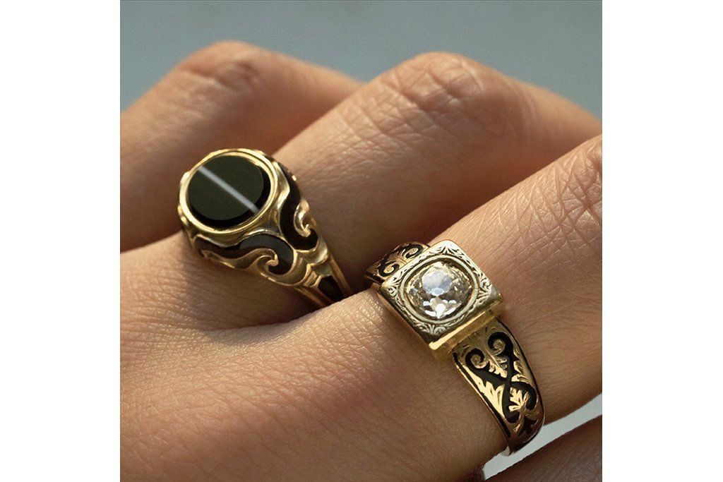 LAELIUS Antiques Victorian Diamond Black Enamel Mourning Ring
