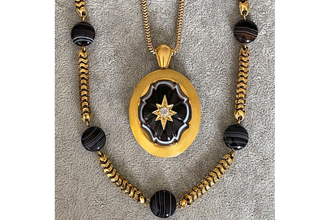 Victorian Banded Agate Diamond Gold Locket