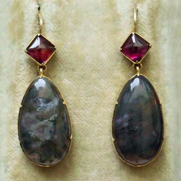 Late Victorian Moss Agate and Garnet Earrings
