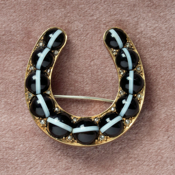 Victorian Banded Agate Diamond Horseshoe Brooch