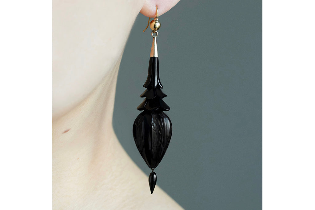 Stunning Sterling Silver Whitby Jet and marcasite drop earrings on a stud  fitting | Black Pearl Whitby